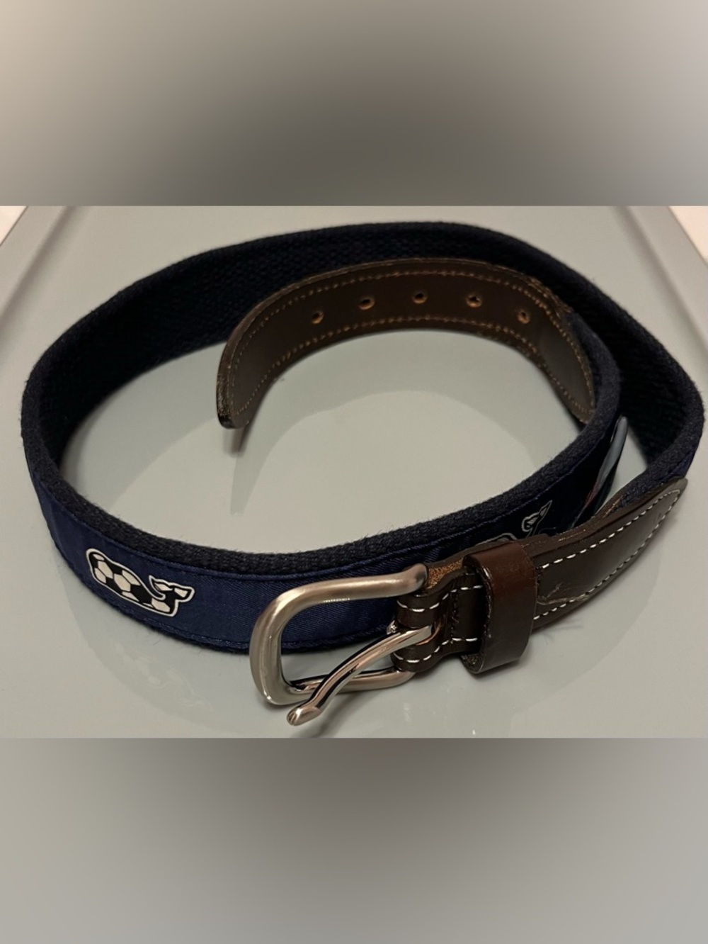 Vineyard Vines Navy Canvas Club Soccer Whale Kids Belt 28 in.